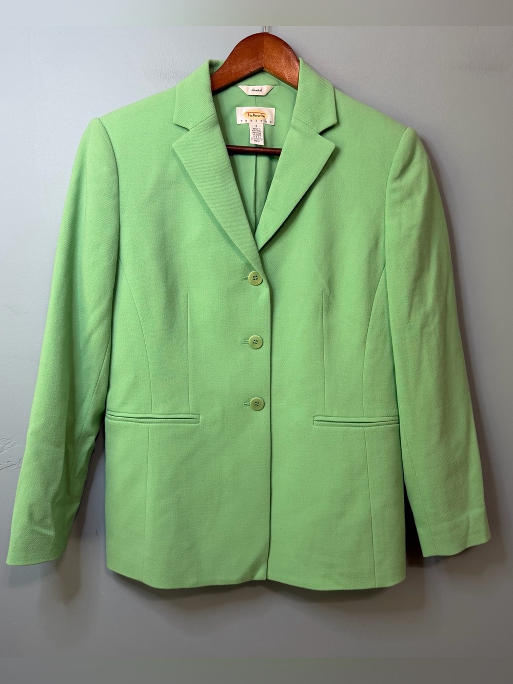 Talbots Vintage Petite 2 Green Wool Stretch Blazer Jacket 3 Button. Women’s